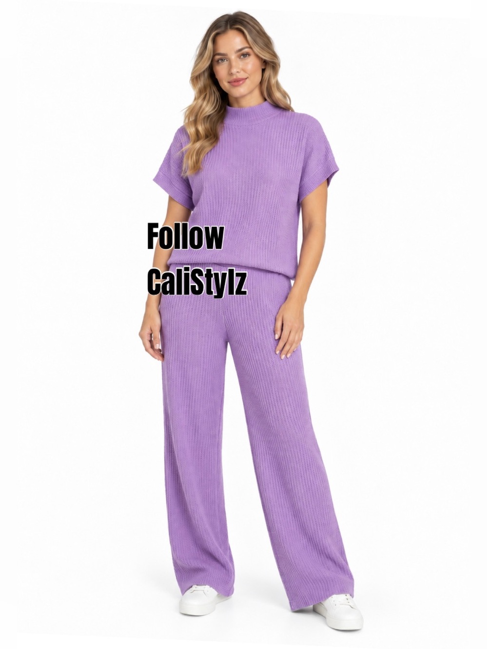 💜 New! Zenana Lavender Mock Neck, Wide-Leg Knit 2-Piece Sweater Pant Set